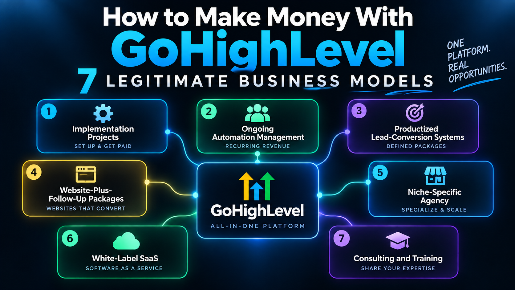 Seven legitimate GoHighLevel business models including implementation projects, automation management, lead-conversion systems, websites, niche agencies, white-label SaaS, and consulting