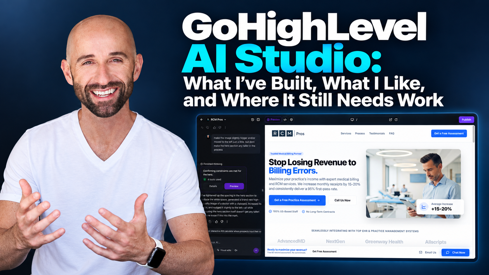 Josh Mason alongside a GoHighLevel AI Studio website project, illustrating his firsthand experience building websites with AI Studio