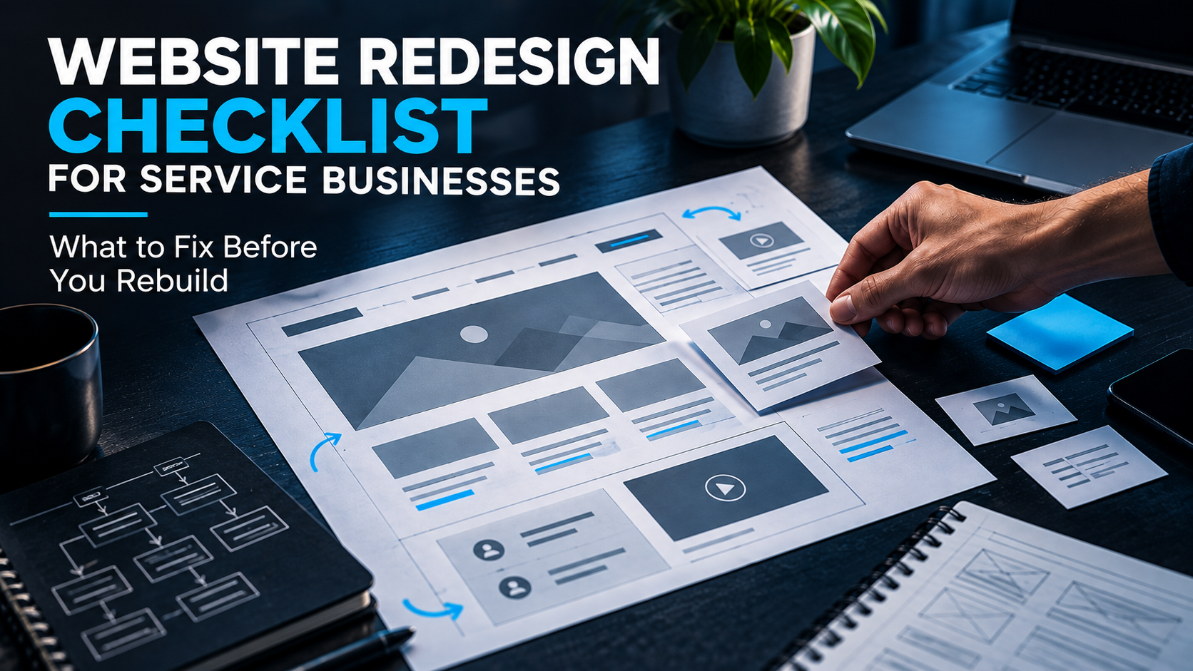 Website redesign checklist for service businesses with a website wireframe being evaluated before rebuilding
