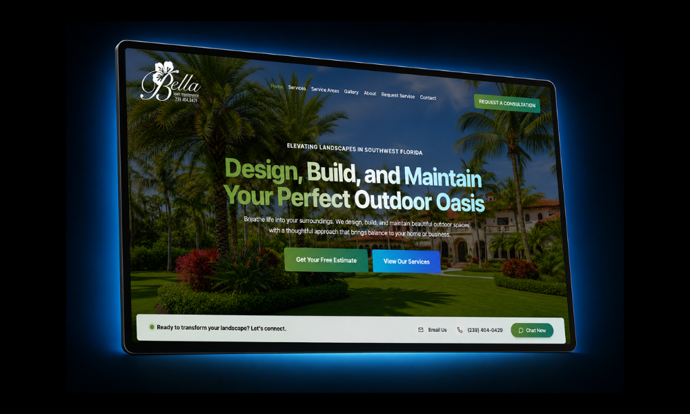 Bella Lawn Maintenance website homepage mockup featuring tropical landscaping in Southwest Florida