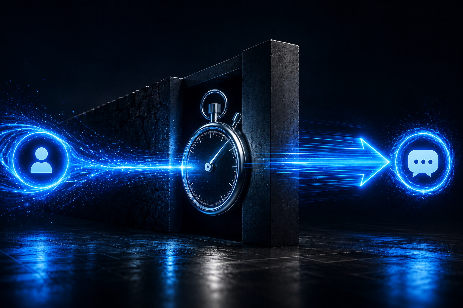 Speed to lead concept showing an incoming inquiry crossing a response-time gap before reaching business communication