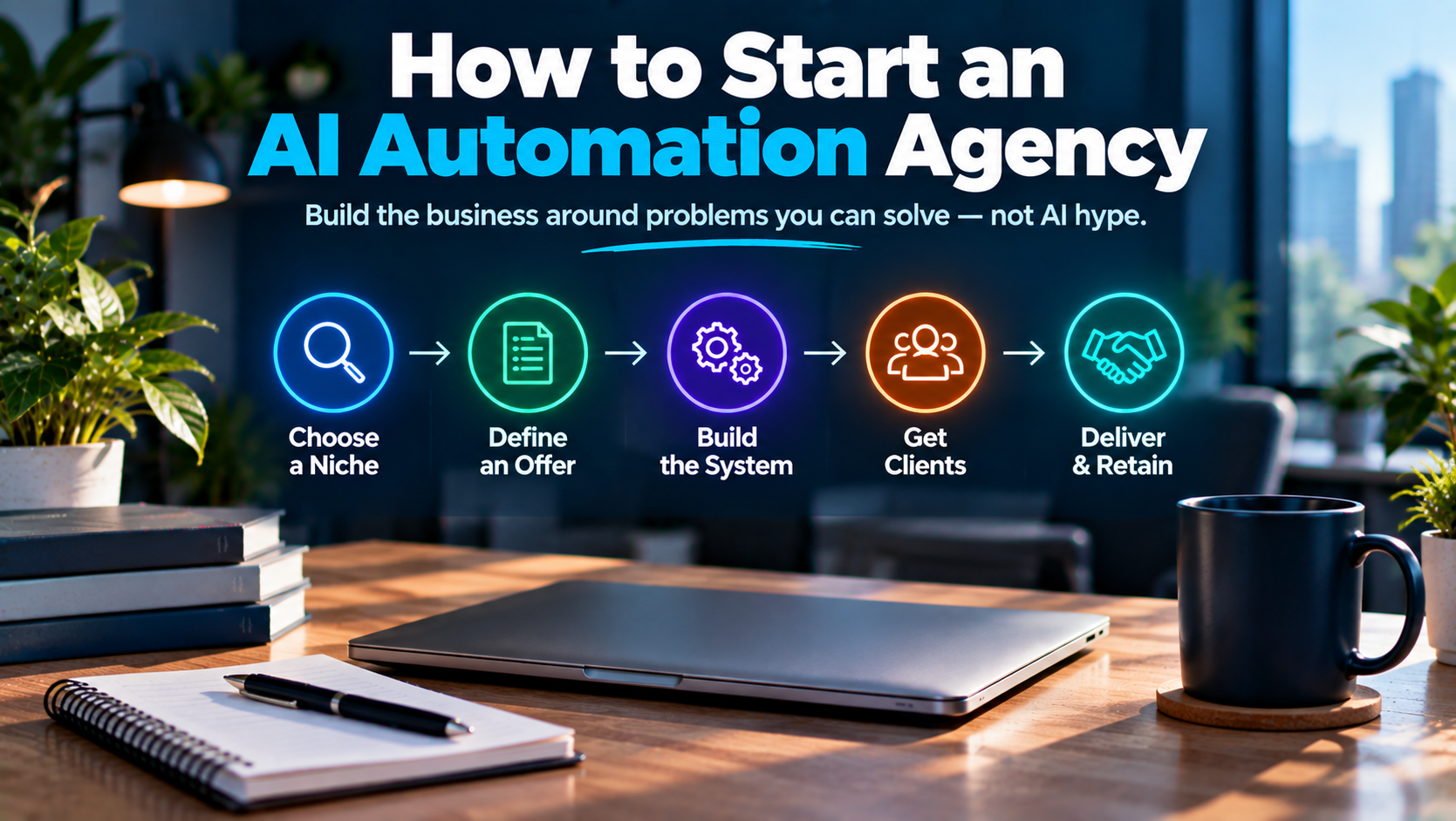 Five-step roadmap for starting an AI automation agency: choose a niche, define an offer, build the system, get clients, and deliver and retain
