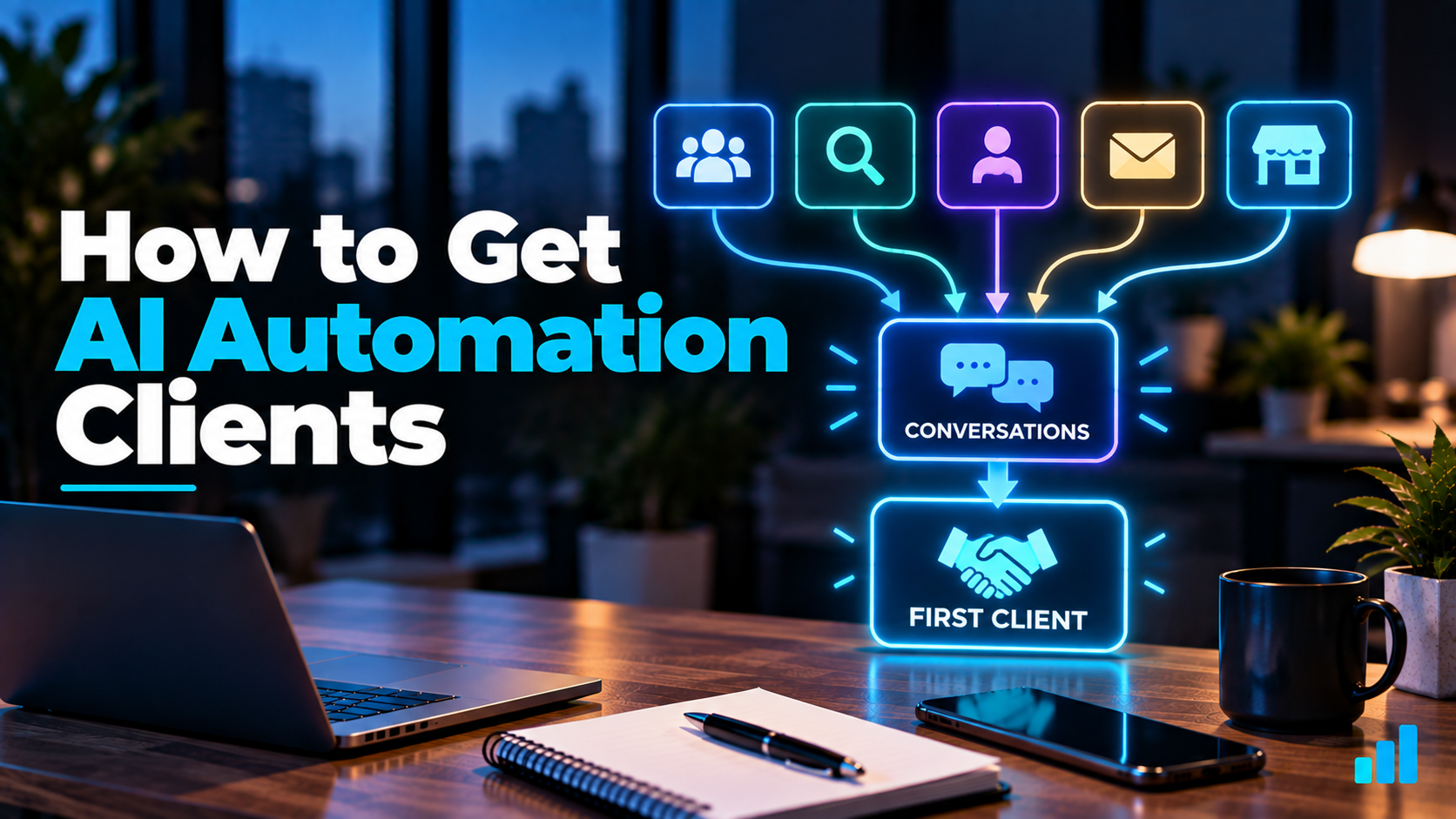 Different AI automation client acquisition methods leading to conversations and a first client