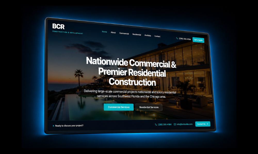 BCR Construction & Development website homepage mockup featuring luxury commercial and residential construction messaging