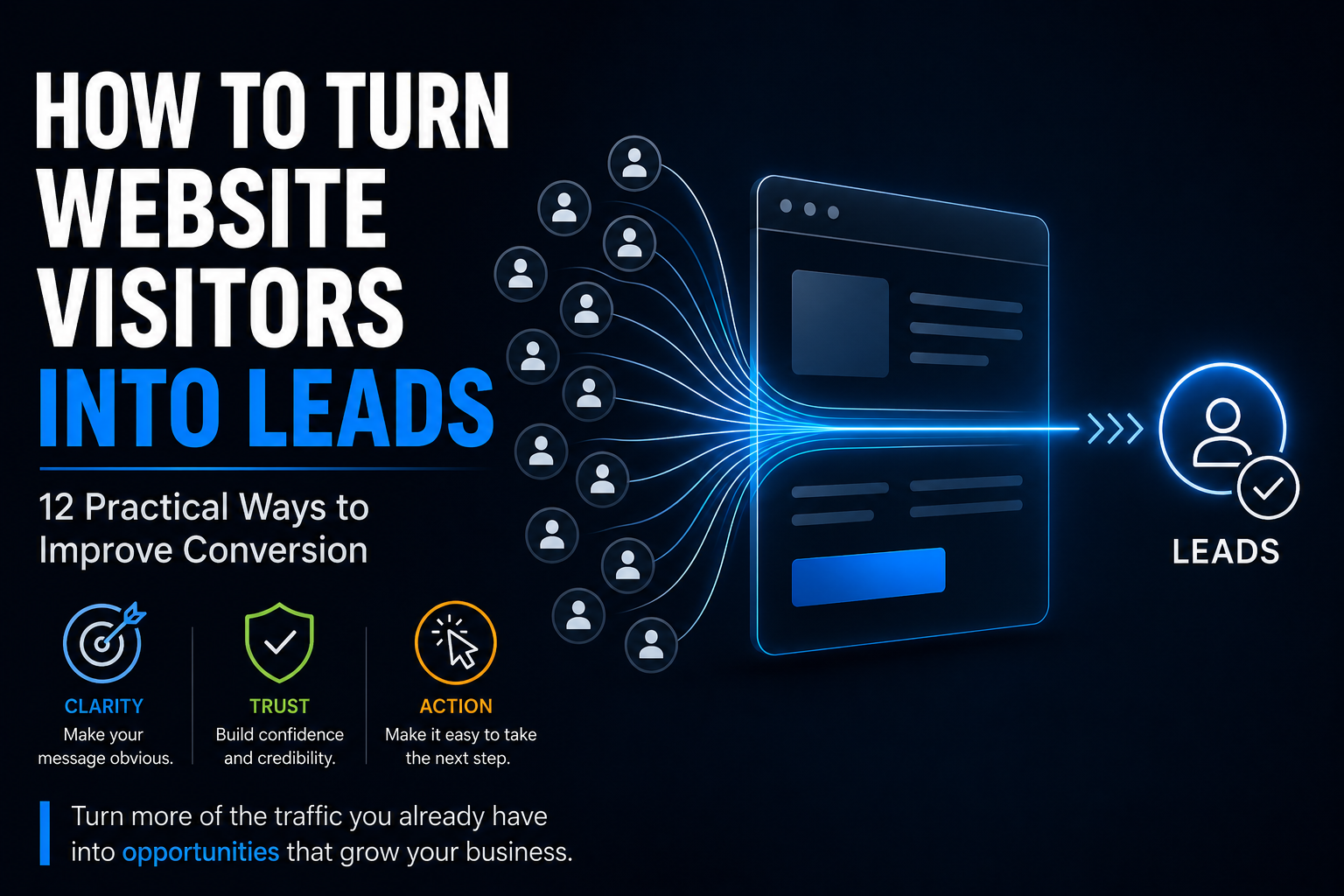 Website visitors flowing through a conversion-focused website into leads using clarity, trust and clear calls to action