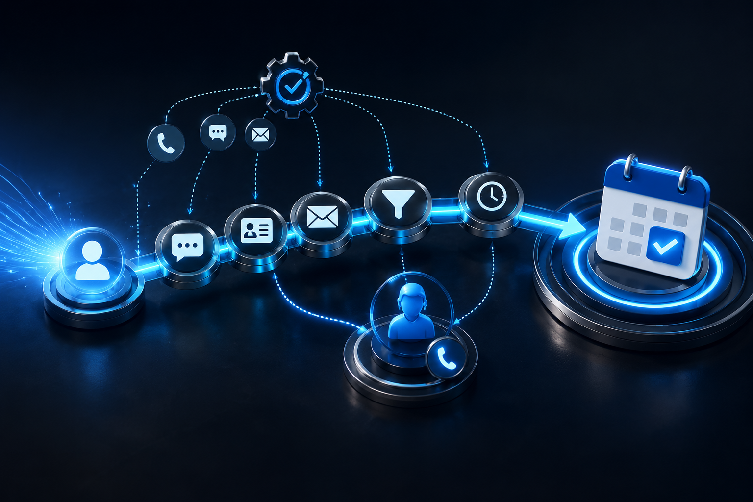 Lead conversion system connecting an incoming inquiry through communication, CRM, follow-up, qualification and human handoff to a booked appointment