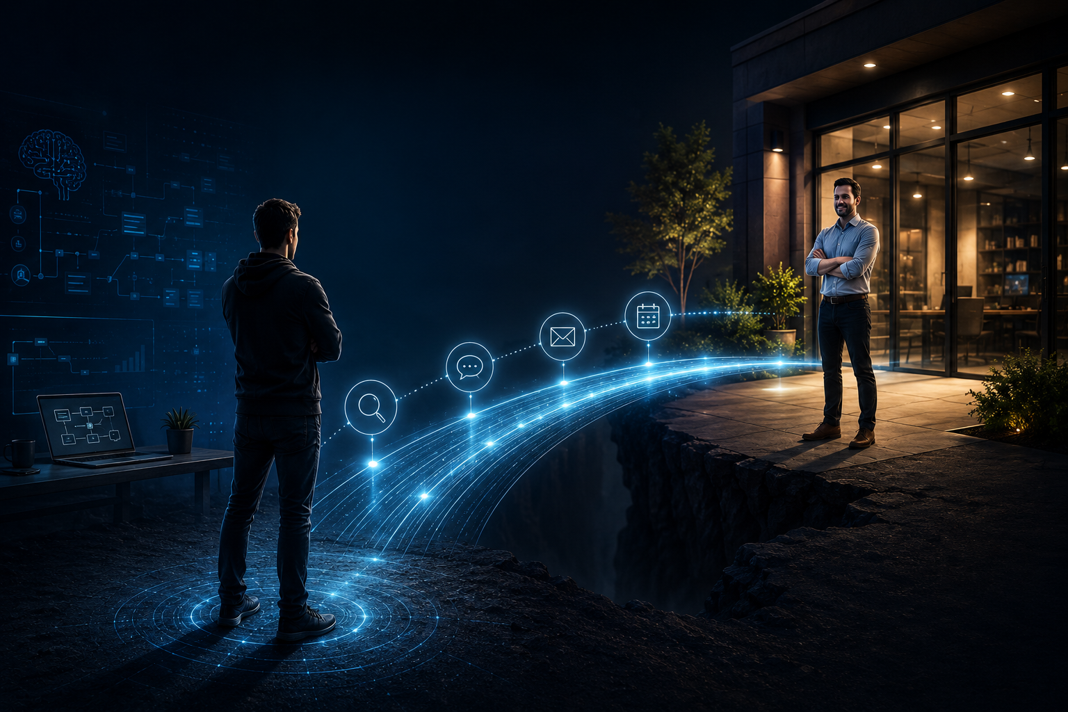 AI automation consultant connecting technology and outreach with a real business through a digital communication pathway