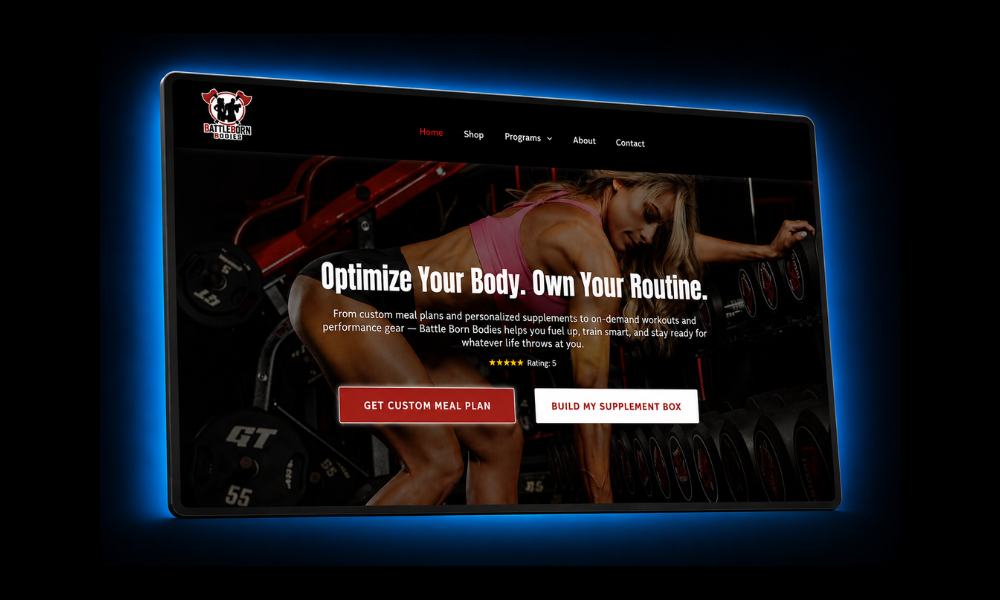 Battle Born Bodies e-commerce website homepage mockup featuring a fitness hero image with custom meal plan and supplement box call-to-action buttons