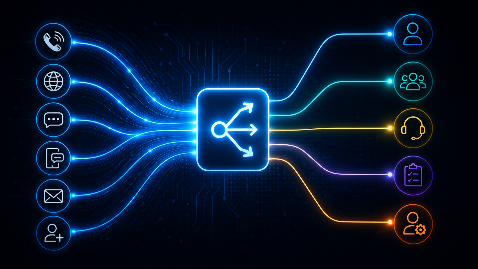 Lead routing concept showing inquiries from multiple communication channels being directed through a central routing hub to appropriate people, teams and processes