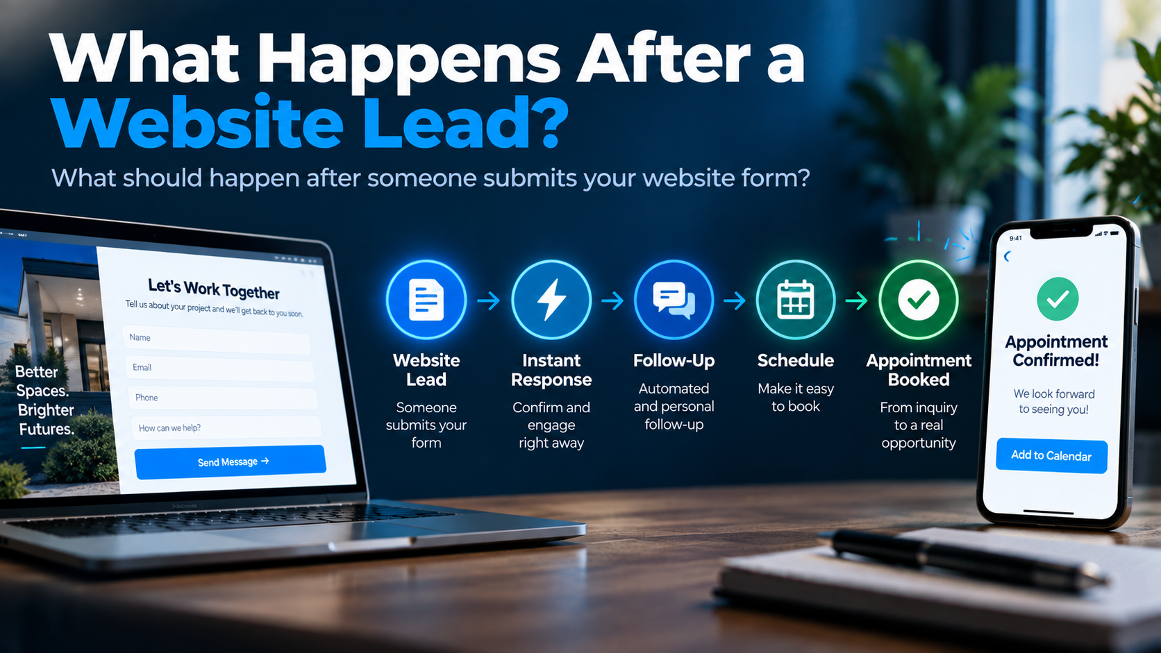 Website lead follow-up process showing instant response, automated follow-up, scheduling, and a booked appointment