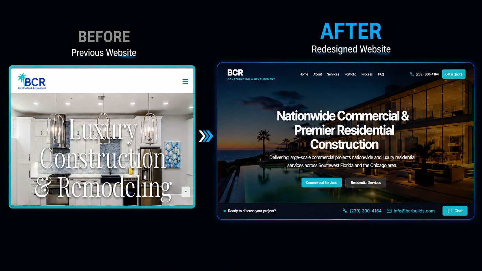 Before and after comparison of the BCR Construction & Development website redesigned by Boost Local Biz