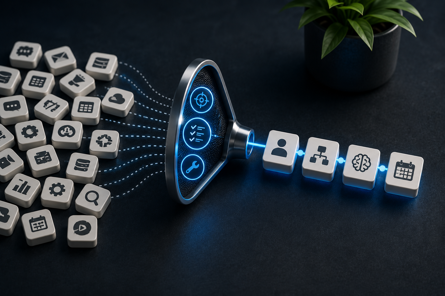 Many software tools being filtered into a simple connected AI automation agency tech stack
