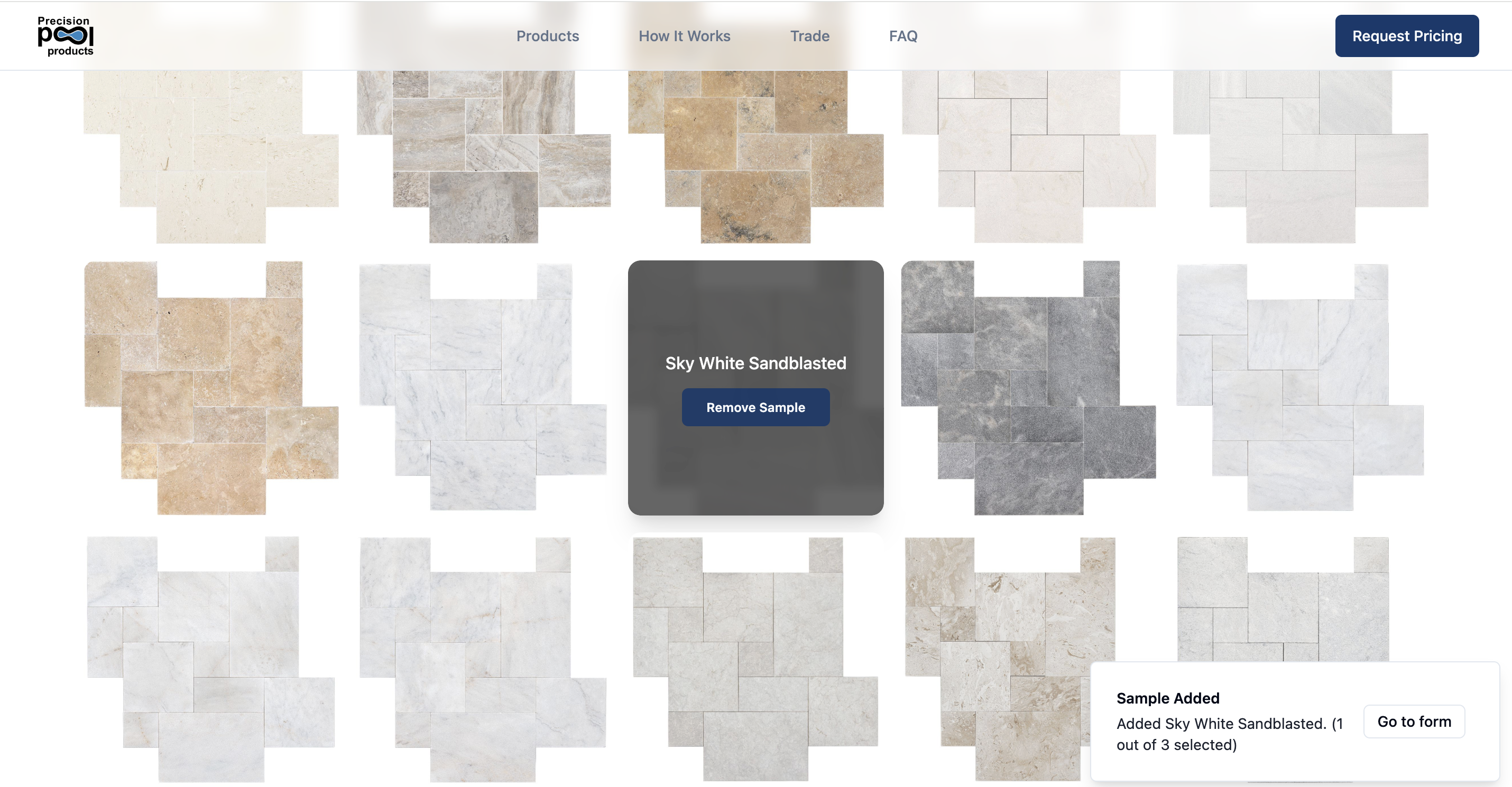 Precision Pool Products material selection showing Sky White Sandblasted added as one of three available samples