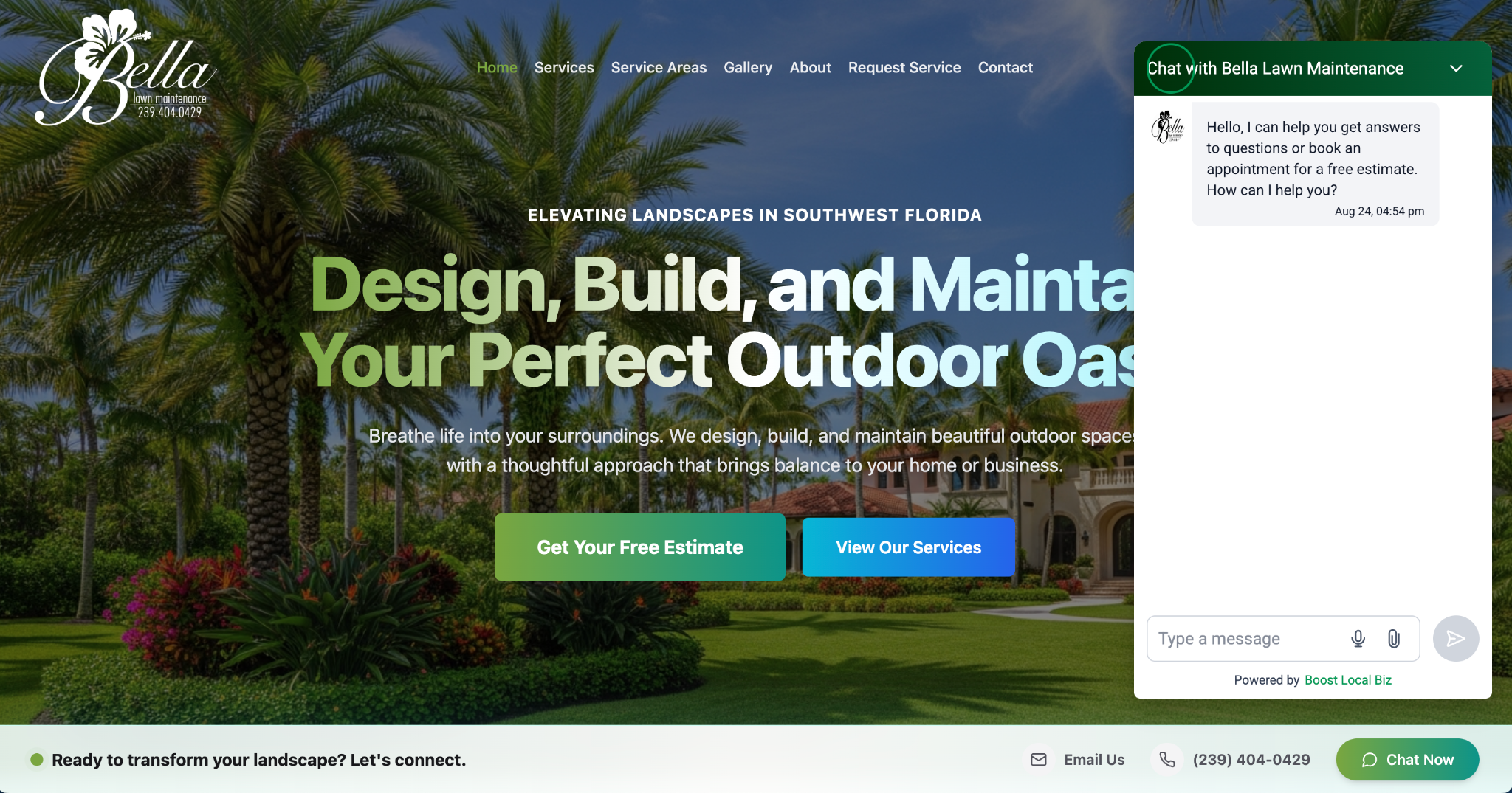 Bella Lawn Maintenance AI-powered website with chatbot implemented by Boost Local Biz