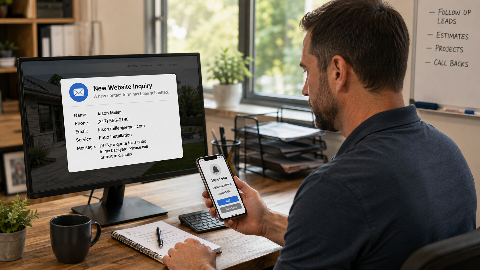 Service business owner receiving a new website inquiry and lead notification for customer follow-up
