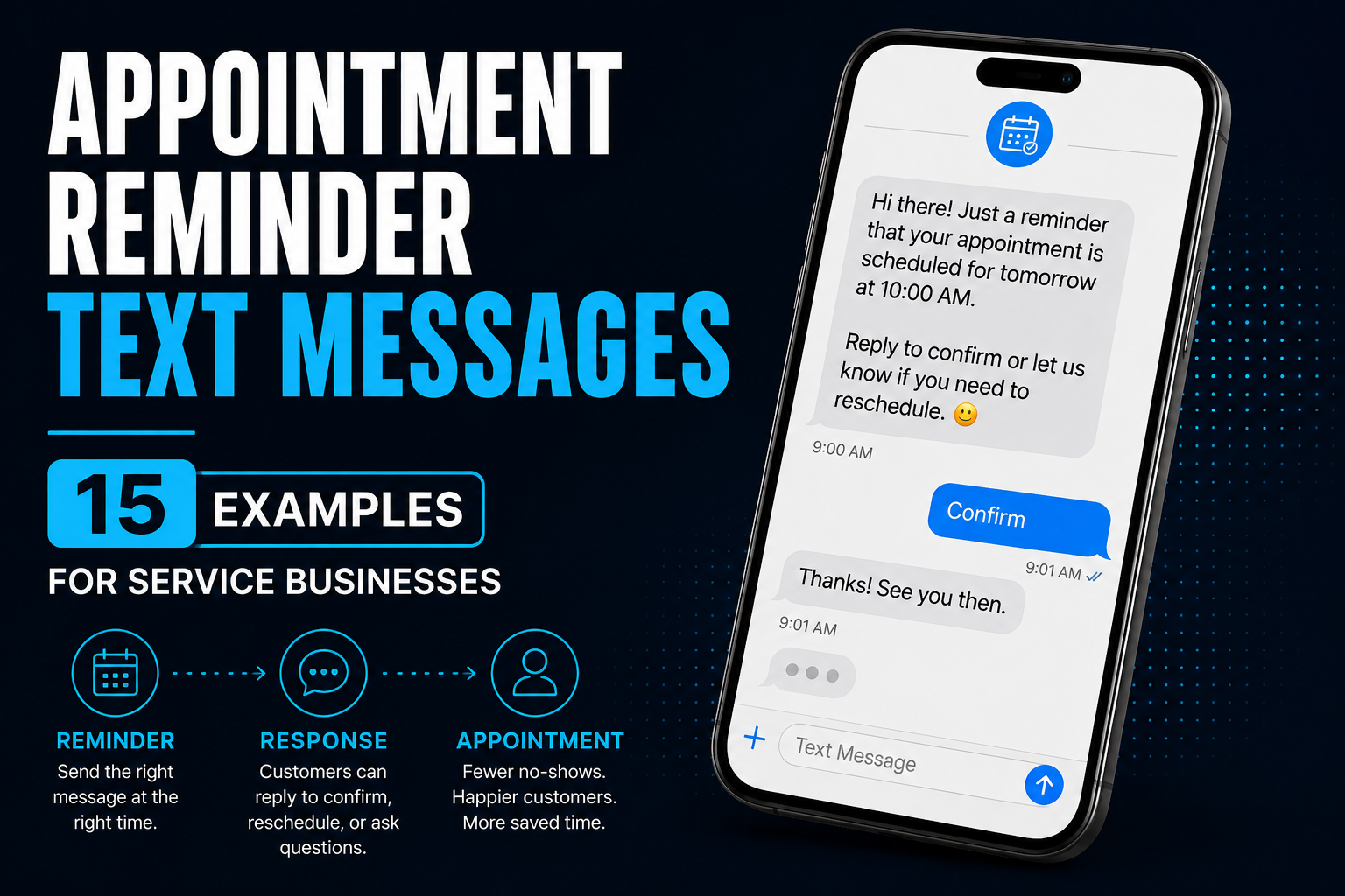 Appointment reminder text messages for service businesses showing an automated reminder, customer response, and confirmed appointment