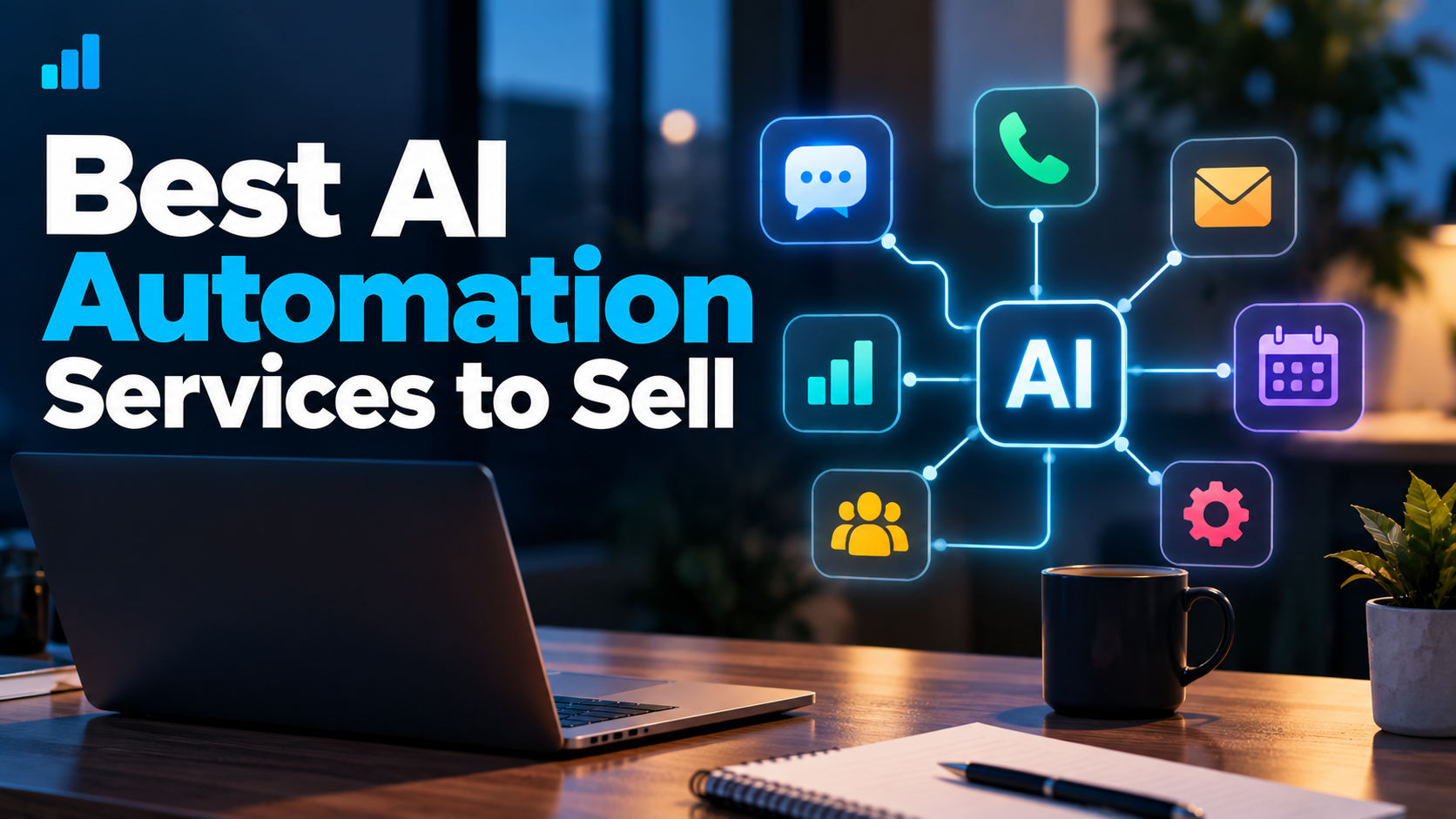 Best AI automation services to sell represented by connected communication, scheduling, CRM, and business automation tools