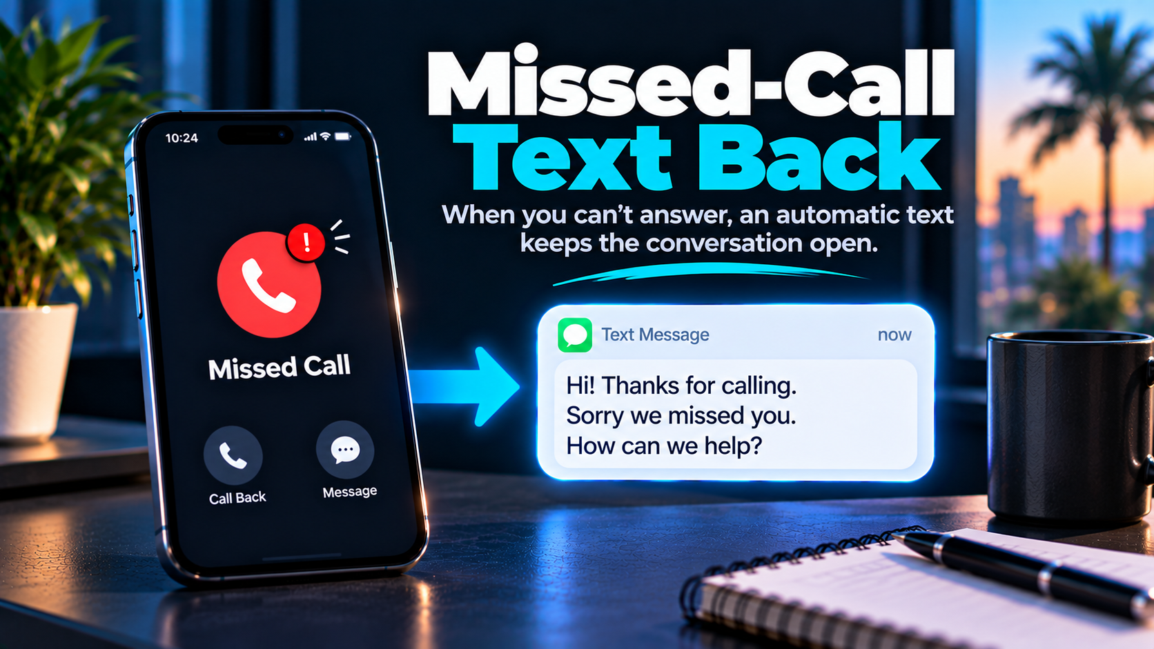Missed-call text back showing an unanswered phone call triggering an automatic text message to the caller