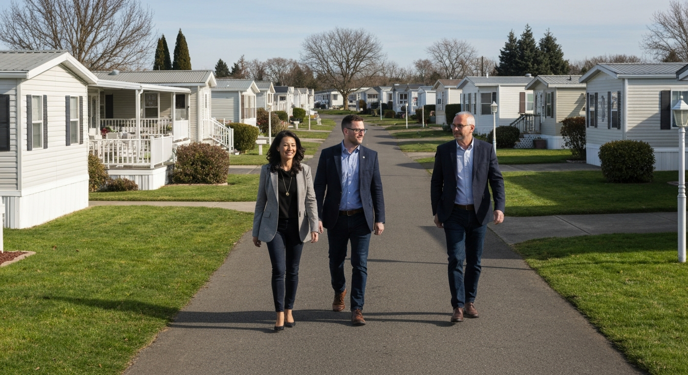 Professional property management team walking through a mobile home park