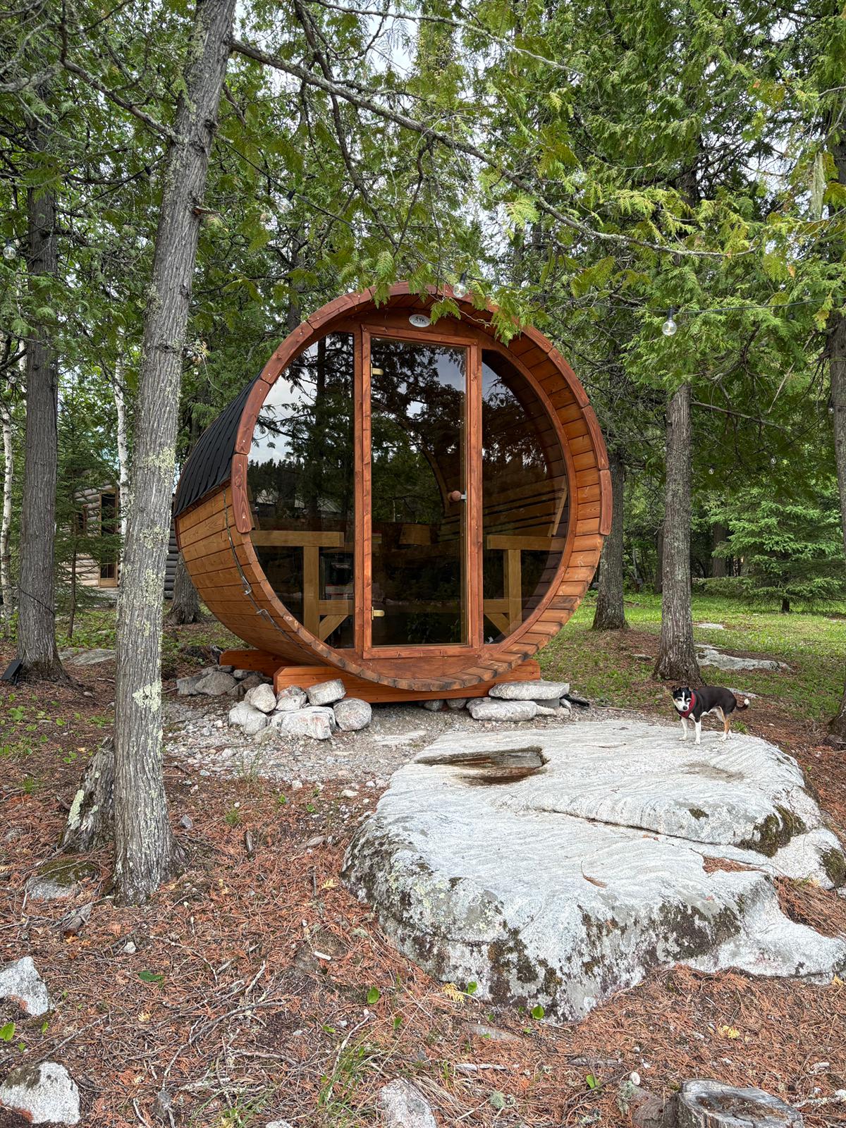 Outdoor barrel sauna at Wick Cliff Lodge