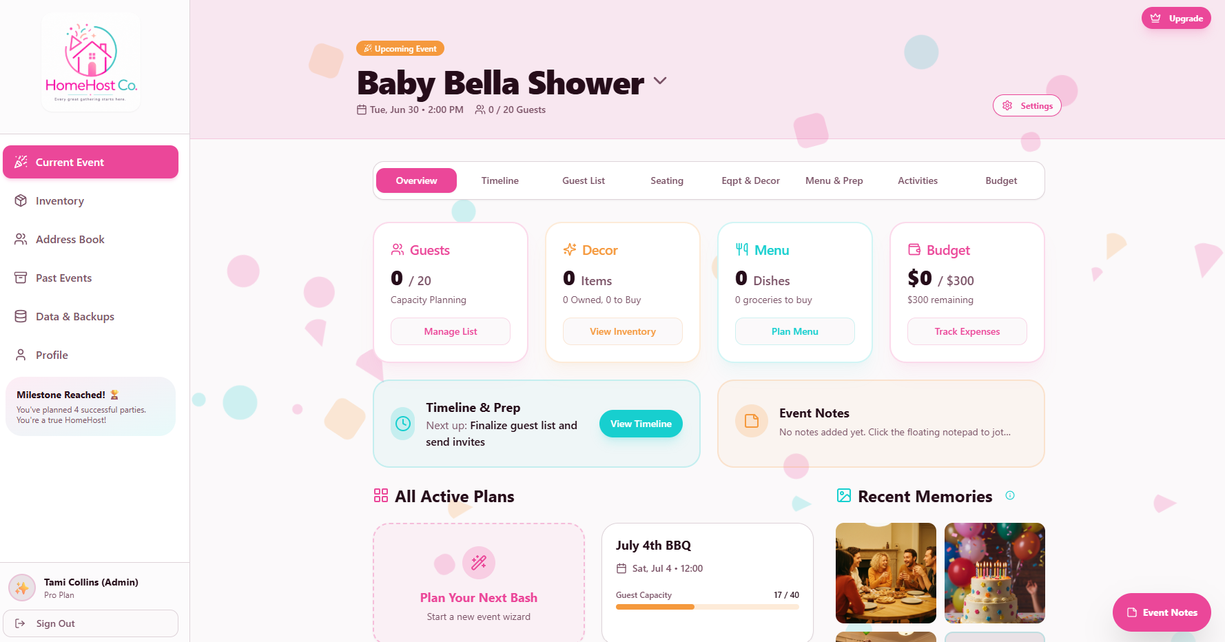 HomeHost Co. Dashboard showing event overview
