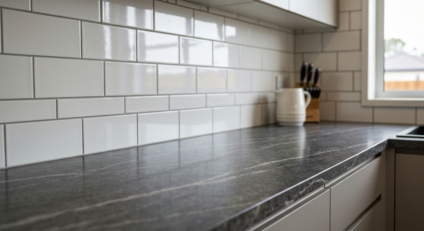 Luxury stone-look kitchen benchtop and splashback
