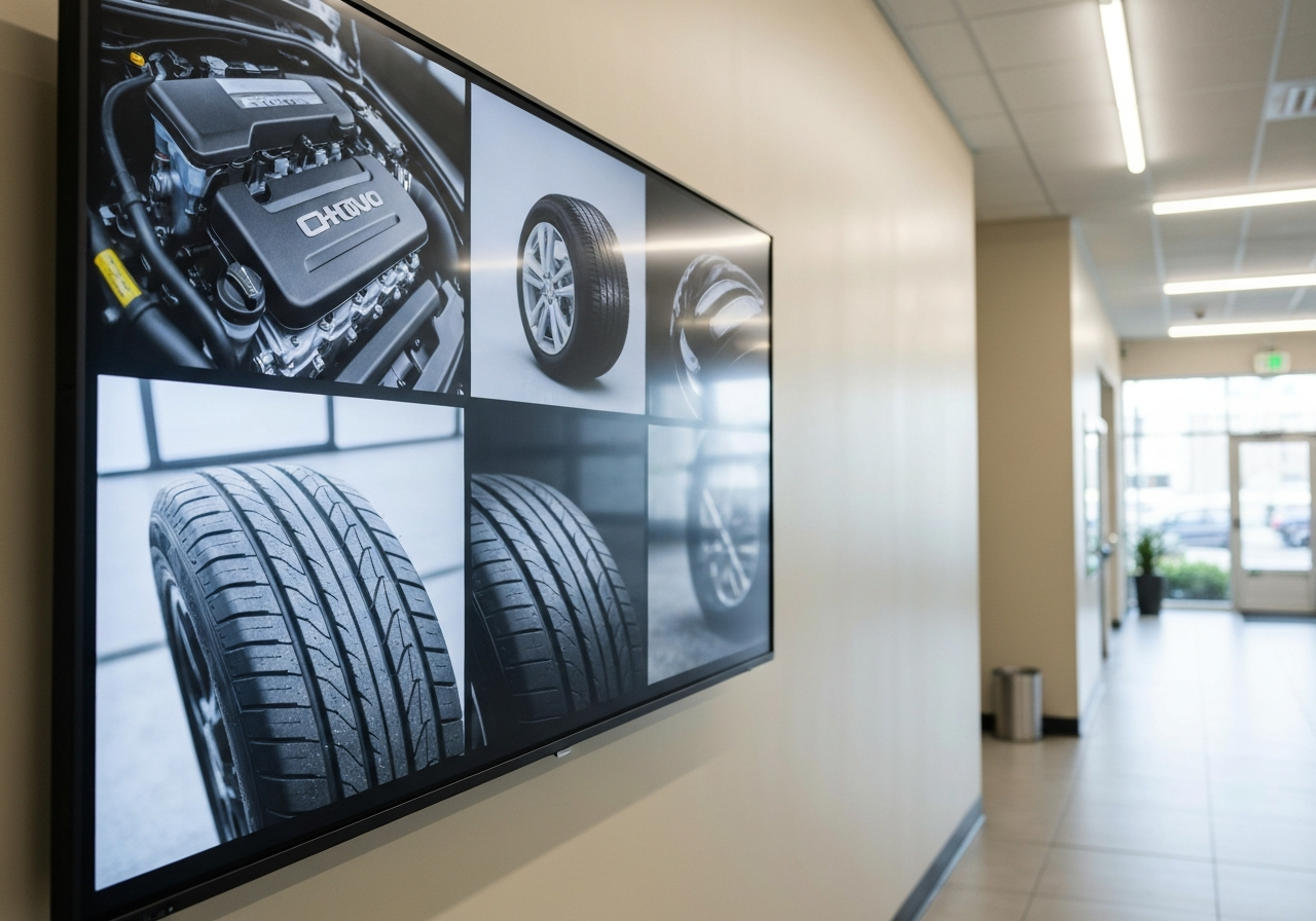 Digital monitor showing car parts