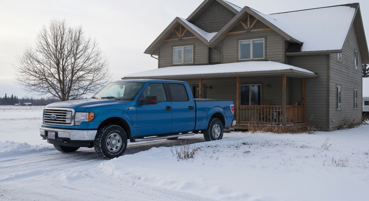 Snowy Peace Country landscape with a trades truck parked outside a home