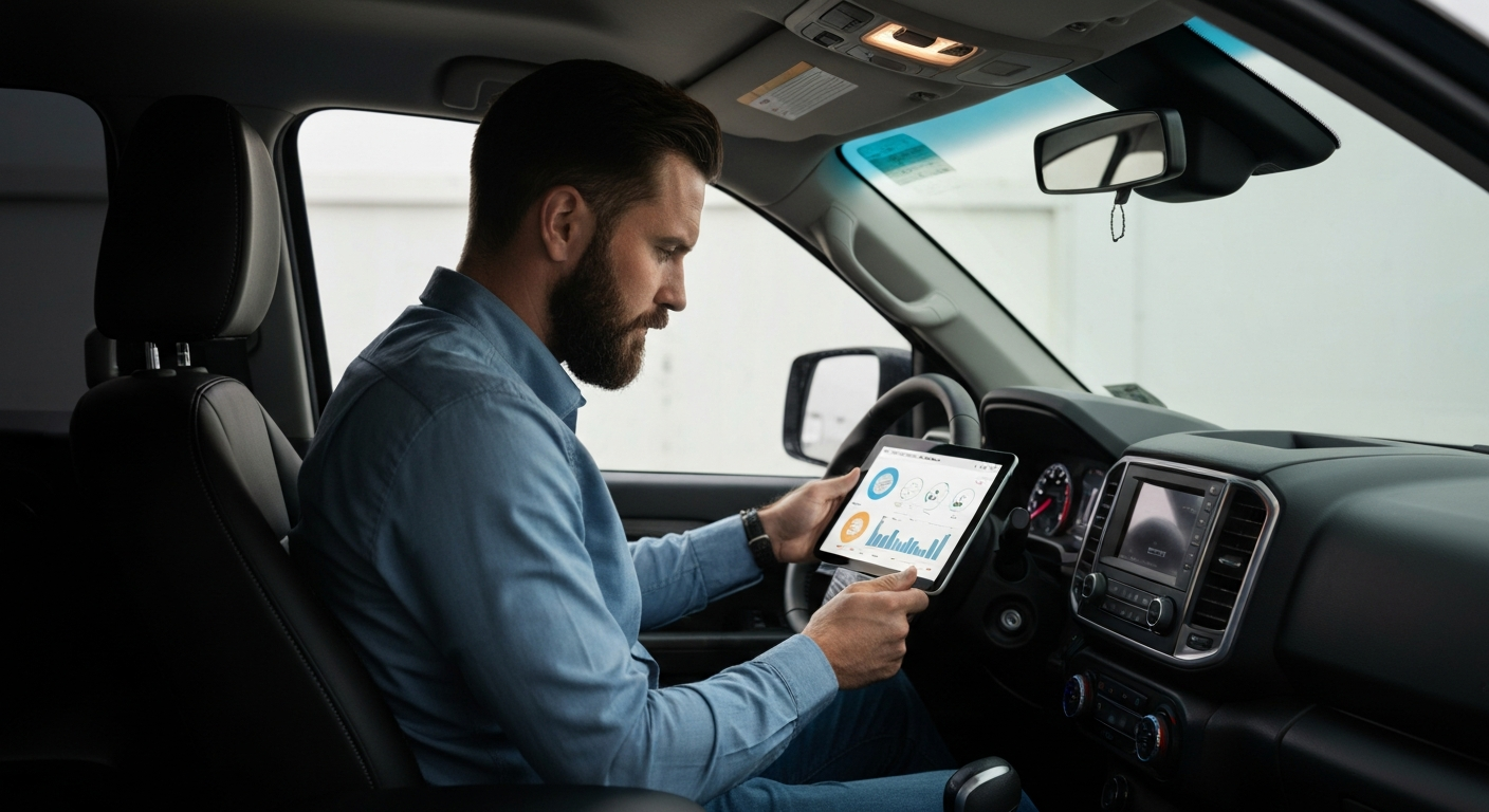 Trades business owner reviewing a dashboard on a tablet in their truck