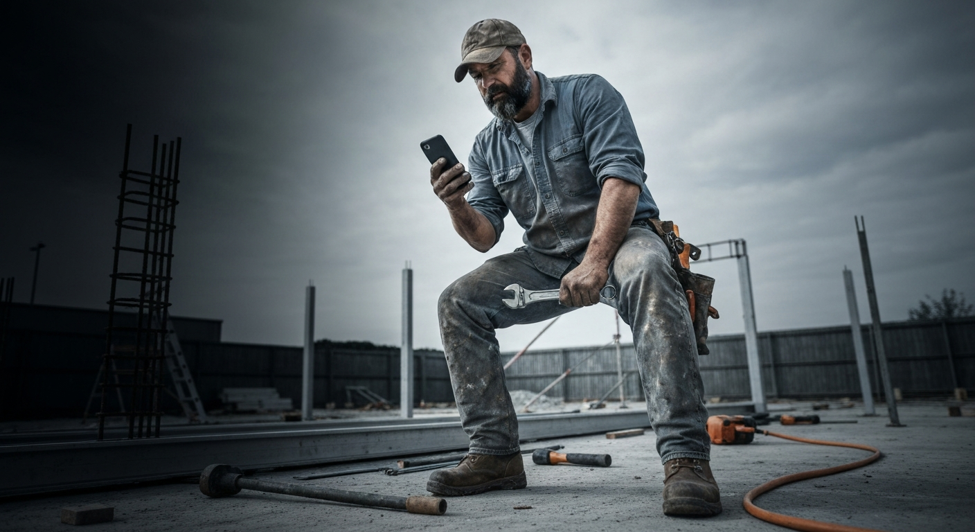 Trades contractor looking at a ringing phone on a job site