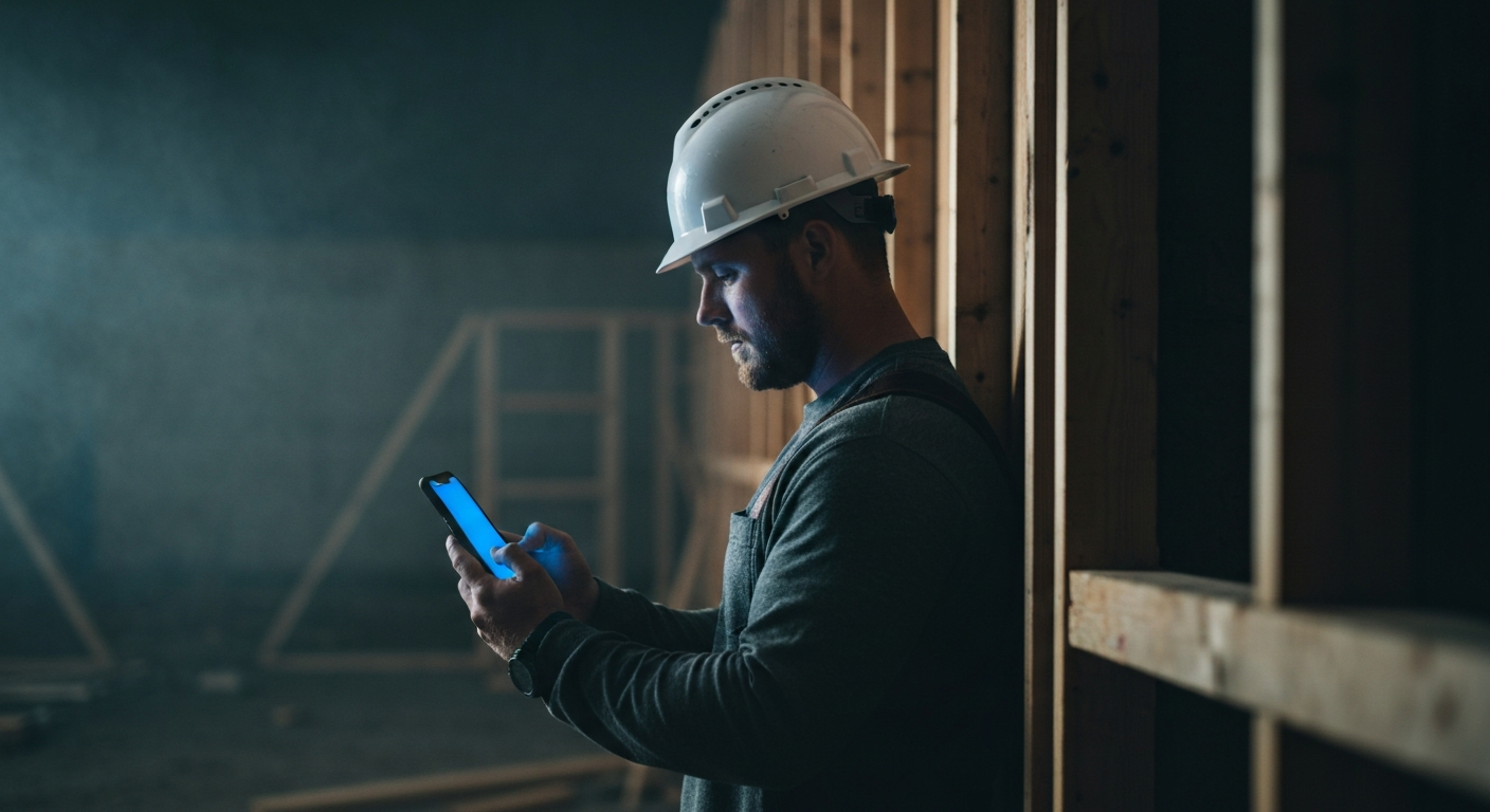 Trades contractor checking his phone on a job site at night in Grande Prairie