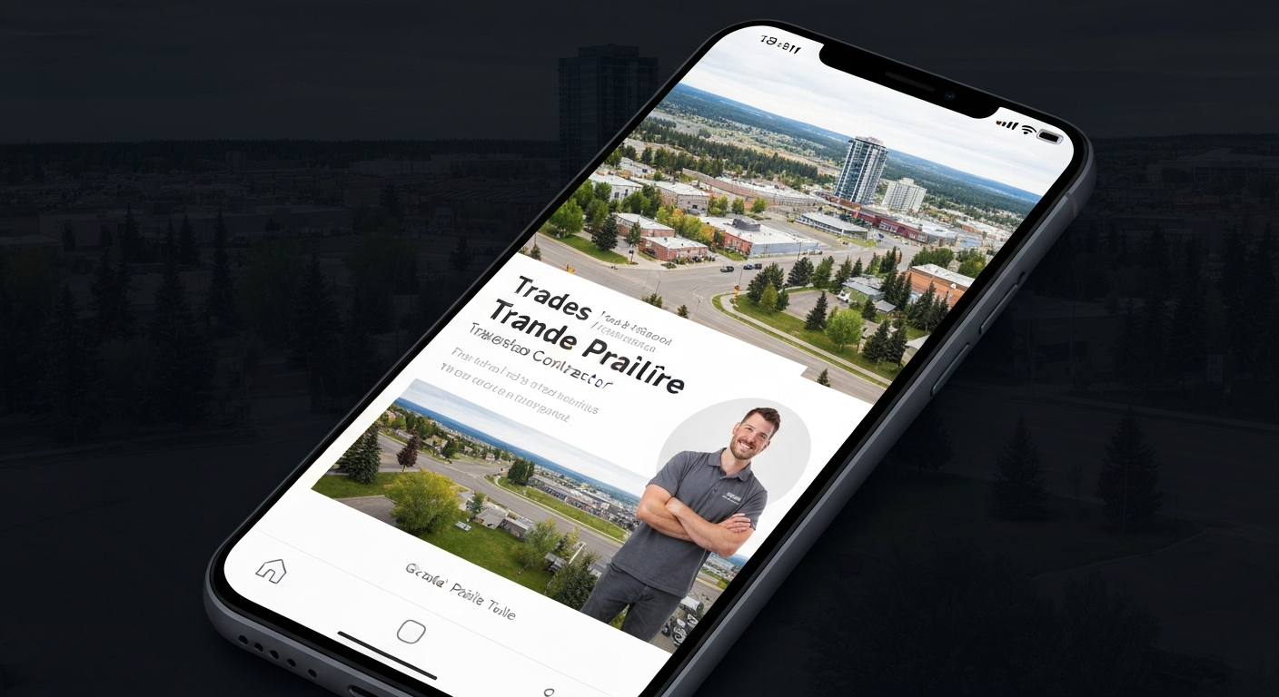 Trades contractor's social media ad on a phone screen with a Grande Prairie background