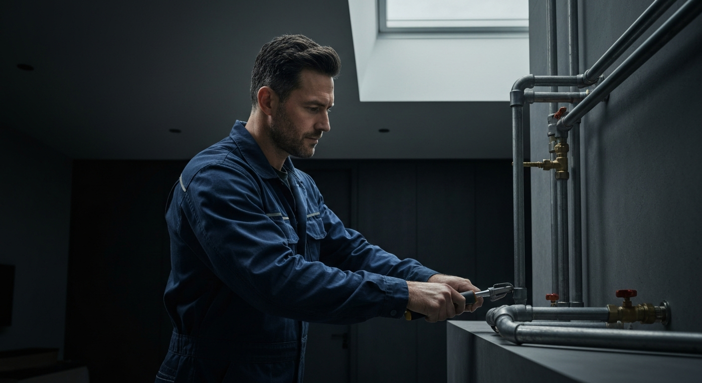 Plumber working on pipes