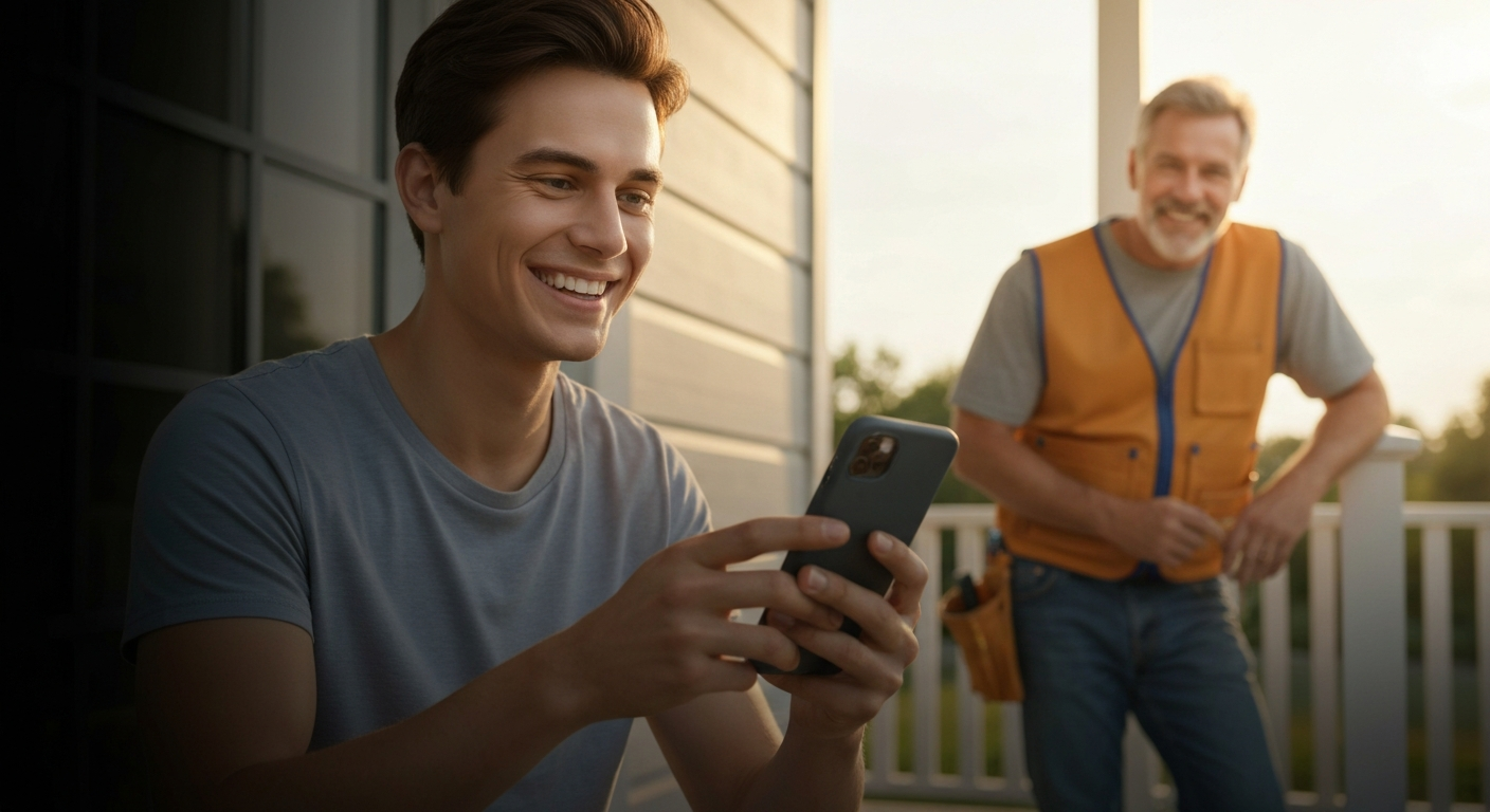 Happy homeowner on their phone leaving a Google review with a trades contractor visible in the background