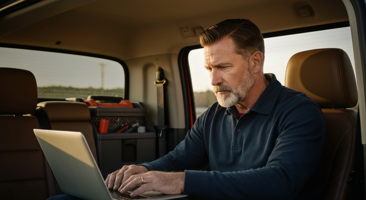 Trades contractor reviewing estimates on a laptop in their truck