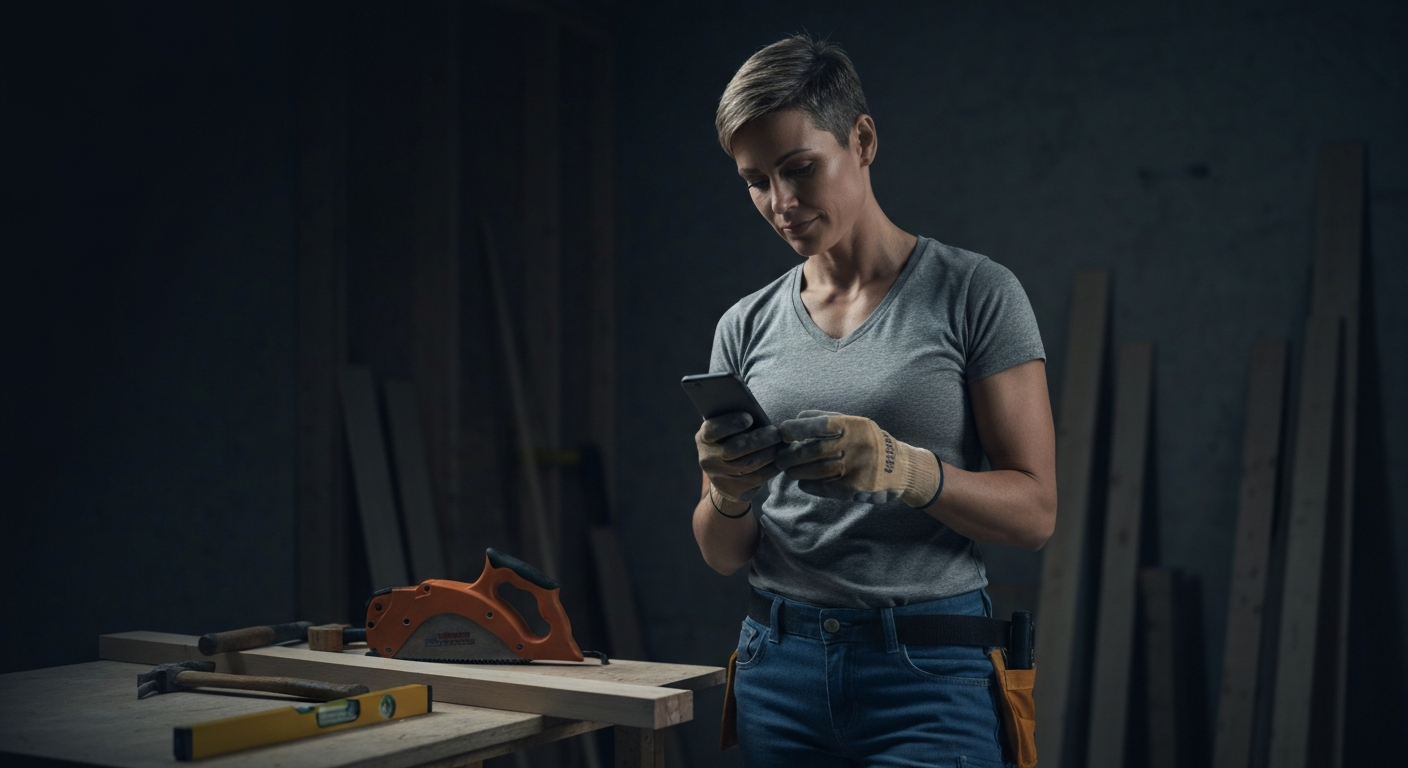 Trades contractor checking phone on job site