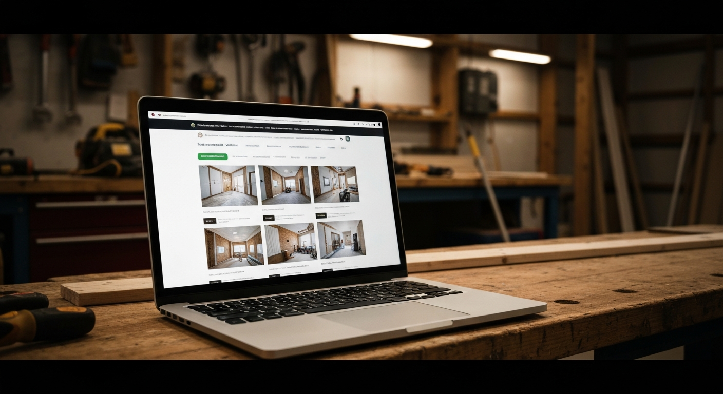 Trades business website on a laptop in a contractor's workshop