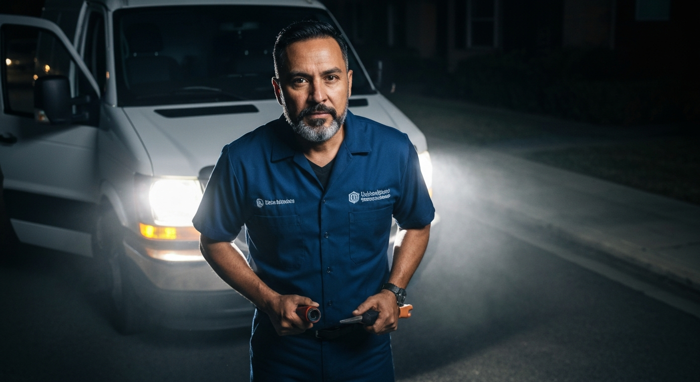Emergency AC repair service van parked outside a home at night in Parrish, Florida