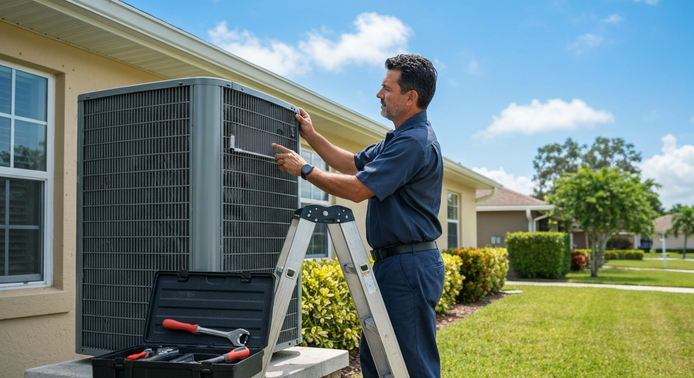 Local HVAC technician performing maintenance on a home air conditioning unit in Ellenton, Florida