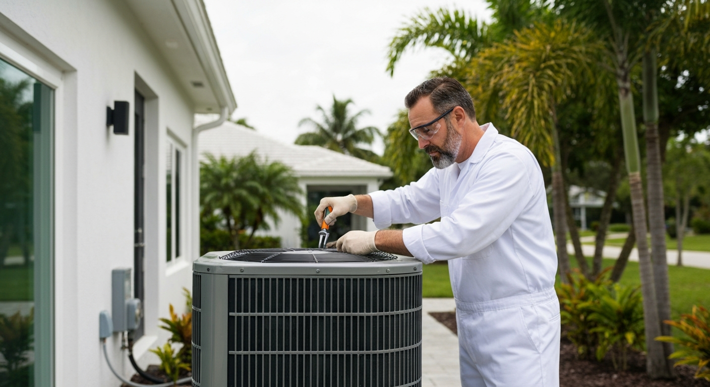 Professional AC repair technician inspecting a residential cooling system in North River Ranch, Florida