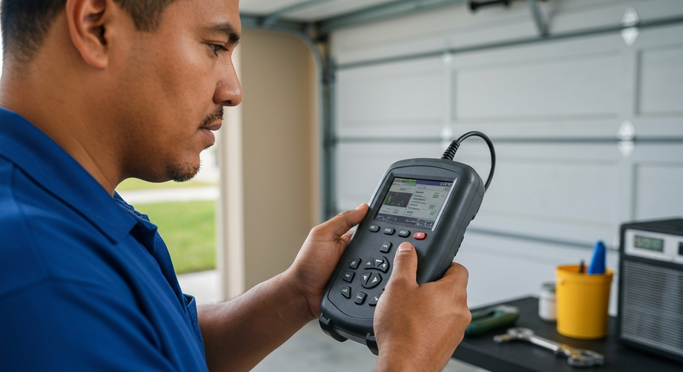 Homeowner using a tablet to diagnose air conditioning problems with an HVAC system in Parrish, Florida