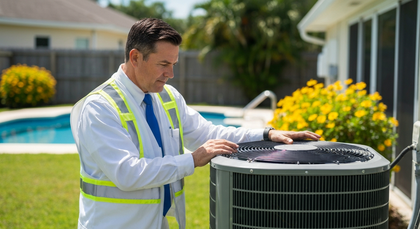 AC repair technician servicing an outdoor air conditioning unit for a homeowner in Parrish, Florida