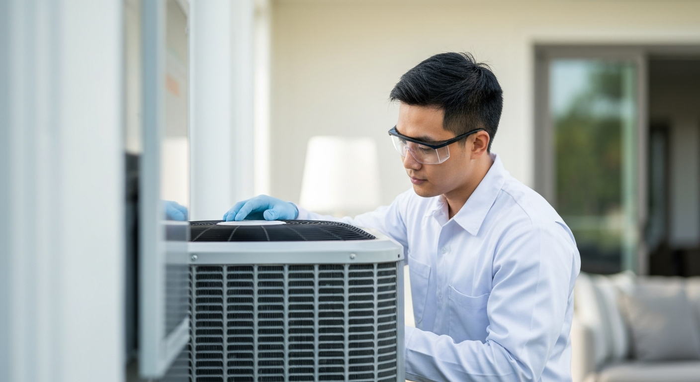 Air conditioning repair specialist fixing an outdoor AC compressor for a homeowner in Bradenton, Florida