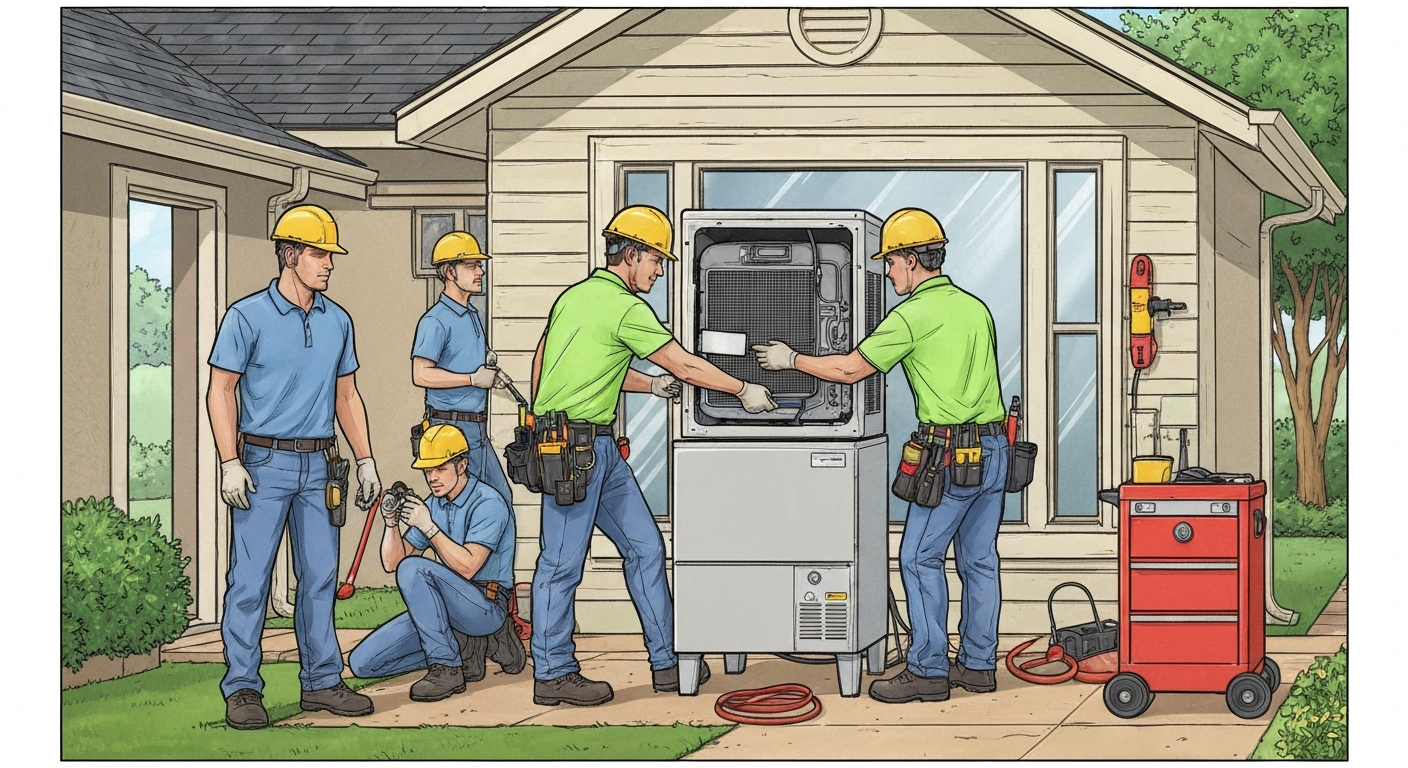 HVAC service technician working on a residential air conditioning system in Manatee County, Florida
