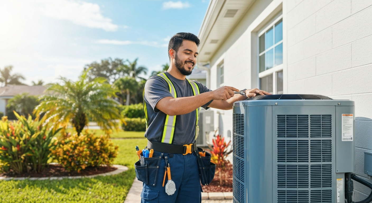Professional HVAC technician repairing an outdoor air conditioning unit in Parrish, Florida