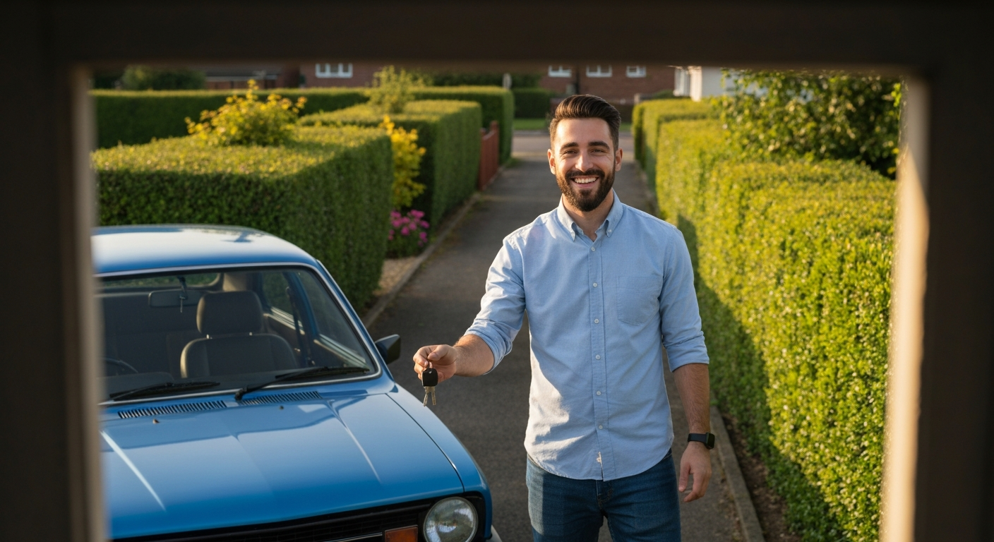 Happy person selling their car on a driveway in Belper, Derbyshire