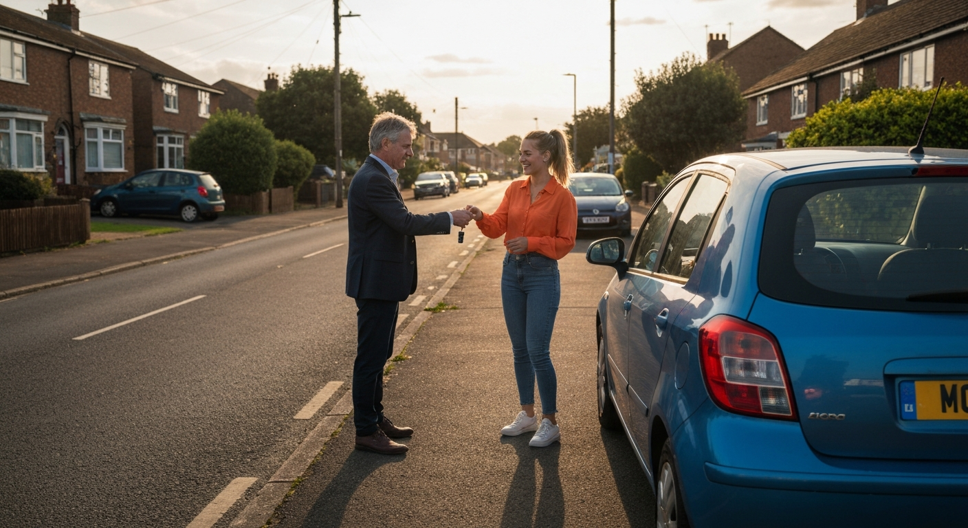 Car sale handover on a residential street in Littleover, Derby