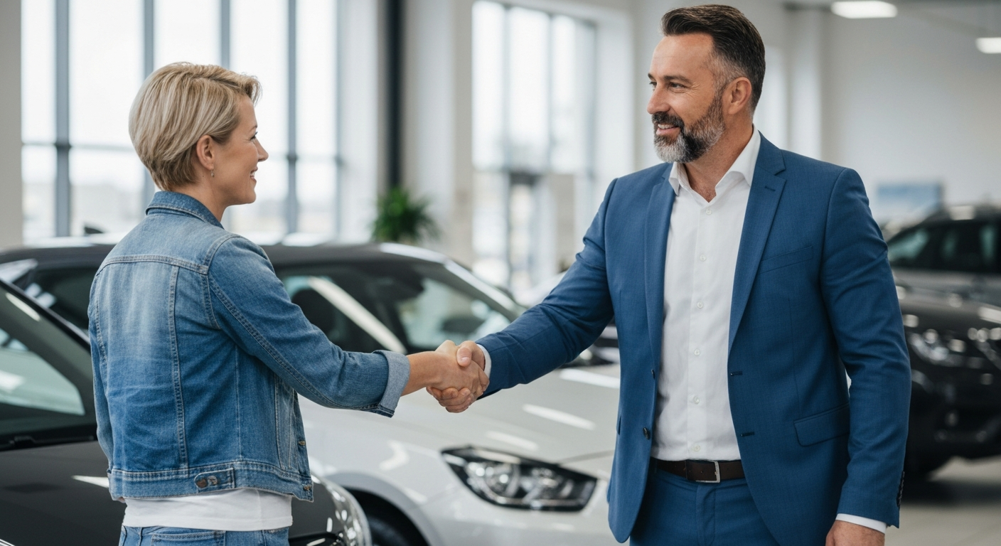 Professional car buyer shaking hands with a seller in Oakwood, Derby