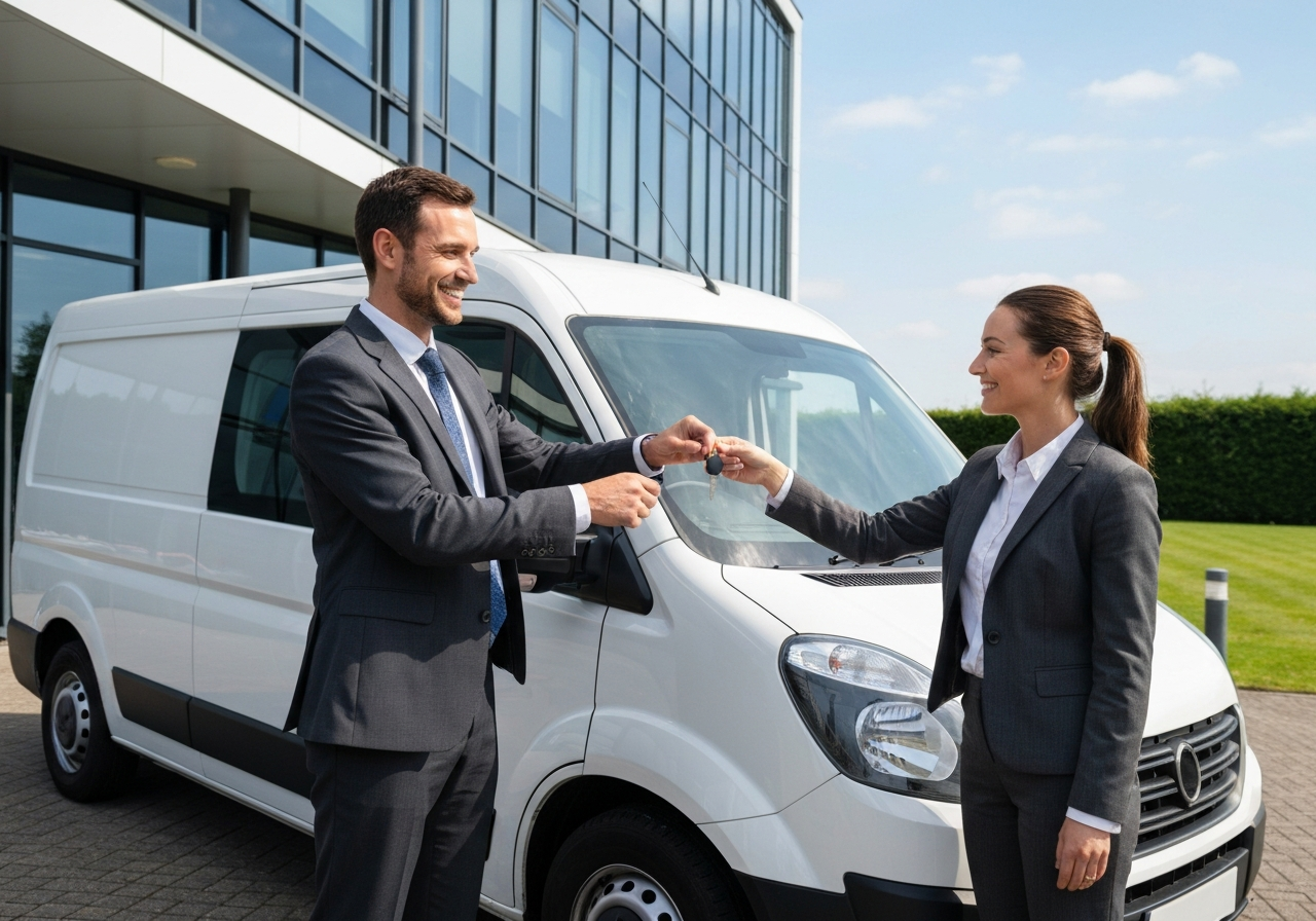 Man handing over van keys outside Derby office - selling a van in Derby