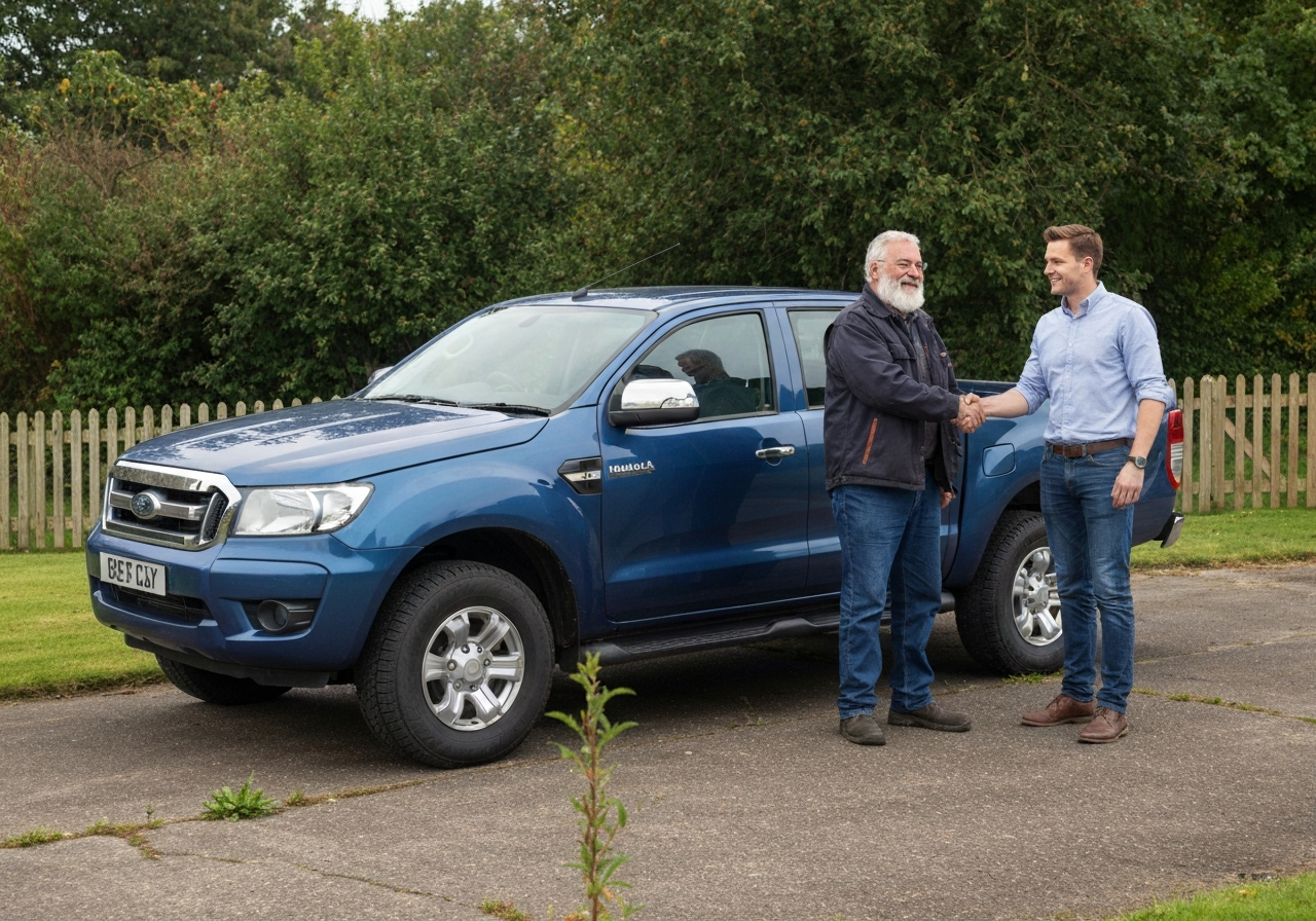 Happy customer standing next to their sold pickup truck in Repton, Derbyshire